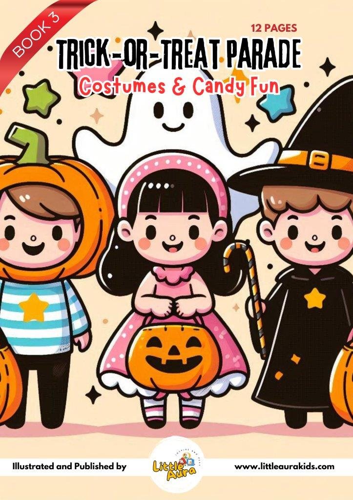 Coloring book for children with fun Halloween costumes and trick-or-treat scenes