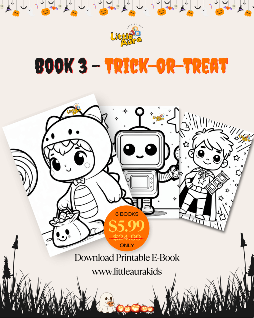 Coloring book for children with fun Halloween costumes and trick-or-treat scenes